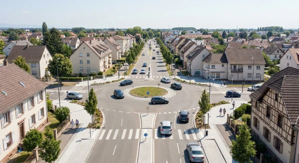 Photographie en vue aérienne ou large d'une intersection routière ou d'une rue passante à Lingolsheim, montrant un carrefour animé avec circulation automobile, immeubles résidentiels ou commerciaux typiques de la banlieue strasbourgeoise, sous une lumière naturelle claire et professionnelle. L'image doit évoquer l'accessibilité et la proximité géographique sans montrer de véhicule accidenté ou de situation d'urgence.